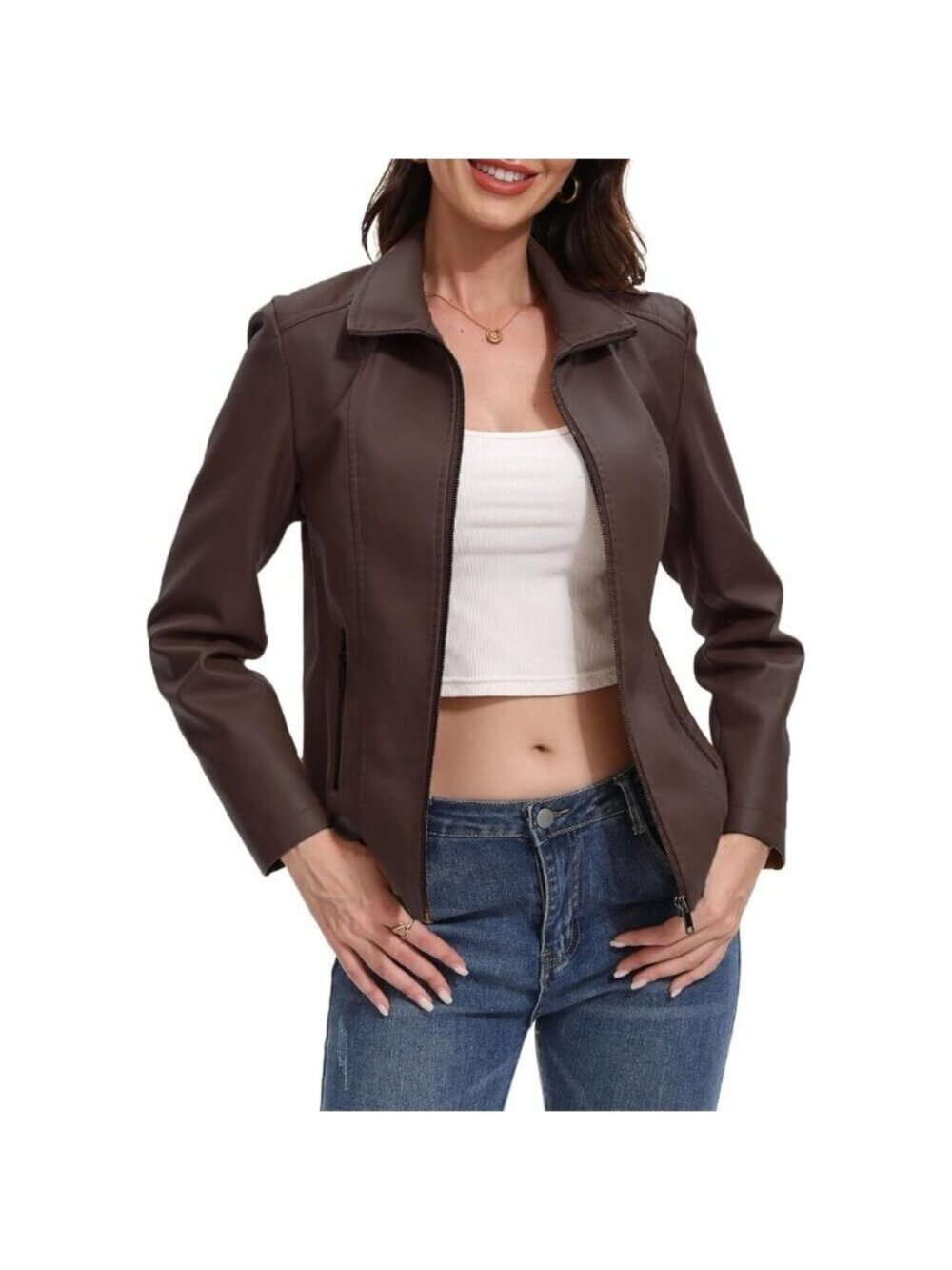 Women Brown Faux Leather Jacket Motorcycle Fashion Zip Up Trendy Going Out Coat